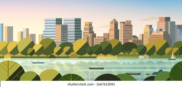 Hudson river water front with greenish tree in flat style, New York City scene