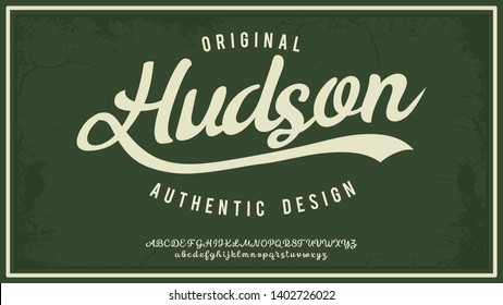 Hudsone. Hand made script typeface. Vintage brush script. Retro vector illustration. Print for clothes.