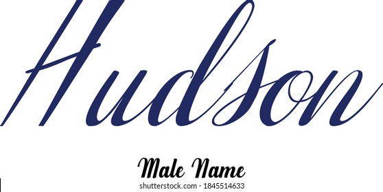 Hudson-Male Name Cursive Calligraphy Blue Color Text on White Background