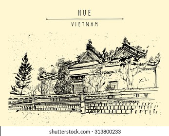 Hue, Vietnam. Citadel. Enlisted in UNESCO World Heritage Sites. Vintage drawing. Travel poster, banner, postcard or calendar page template in vector