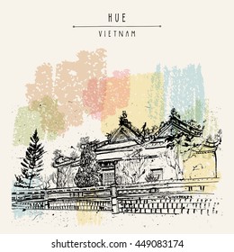 Hue, Vietnam. Citadel. UNESCO World Heritage Site. Vintage drawing. Vietnamese travel poster, banner, postcard or calendar page illustration in vector