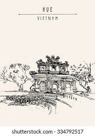 Hue, Vietnam. Imperial Citadel gate. Forbidden City gate, trees, sculptures, moat, bridge, stone walls. Hand drawn postcard in retro style. Vector illustration