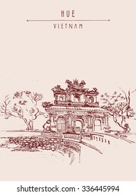 Hue, Vietnam. Imperial Citadel gate. Forbidden City gate, trees, sculptures, moat, bridge, stone walls. Hand drawn postcard in retro style. Vector illustration
