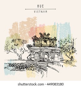 Hue, Vietnam. Imperial Citadel gate. Forbidden City gate, trees, sculptures, moat, bridge, stone walls. Hand drawn touristic postcard, poster or book illustration in retro style. Vector