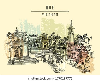 Hue, Vietnam, Indochina. Tomb of Khai Dinh emperor. Sculptures of warriors, trees, traditional architecture. Vintage touristic postcard poster banner, calendar page idea. EPS 10 vector illustration