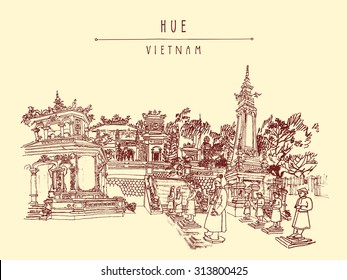 Hue, Vietnam, Indochina. Tomb of Khai Dinh emperor. Sculptures of warriors, trees, traditional architecture. Vector vintage postcard poster banner template. Calendar page idea