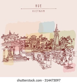 Hue, Vietnam, Indochina. Tomb of Khai Dinh emperor. Sculptures of warriors, trees, traditional architecture.  Vector vintage postcard poster banner template. Calendar page idea