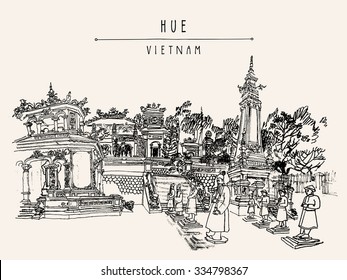 Hue, Vietnam, Indochina. Tomb of Khai Dinh emperor. Sculptures of warriors, trees, traditional architecture. Vintage postcard poster banner template. Calendar page idea.. Vector illustration