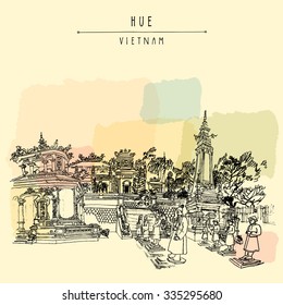 Hue, Vietnam, Indochina. Tomb of Khai Dinh emperor. Sculptures of warriors, trees, traditional architecture. Vintage postcard poster banner template. Calendar page idea. Vector illustration