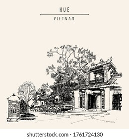 Hue, Vietnam, Southeast Asia. Temples and trees in Forbidden City. Traditional Vietnamese culture. Vintage artistic postcard. EPS 10 vector illustration