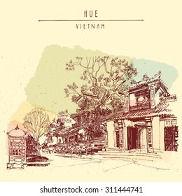 Hue, Vietnam, Southeast Asia. Temples and trees in Forbidden City. Colorful vintage artistic freehand drawing. Vector poster postcard template, retro style