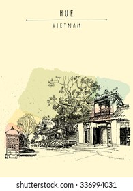 Hue, Vietnam, Southeast Asia. Temples and trees in Forbidden City. Traditional Vietnamese culture. Artistic postcard. Vector illustration