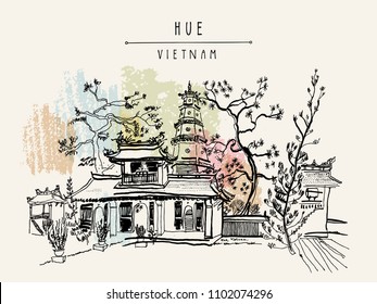 Hue, Vietnam, Southeast Asia. Thien Mu pagoda. Historic temple. Religious building. Former imperial capital's unofficial symbol. Artistic freehand drawing. Vintage postcard or poster in vector