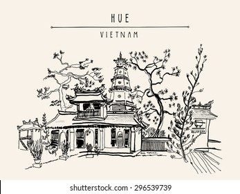 Hue, Vietnam, Southeast Asia. Thien Mu pagoda. Historic temple. Religious building. Former imperial capital's unofficial symbol. Vector freehand drawing. Horizontal postcard template, retro style