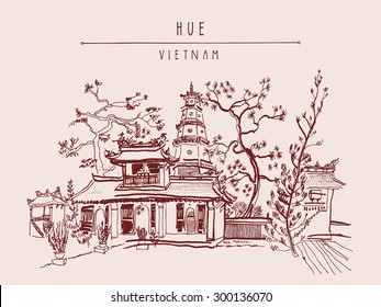 Hue, Vietnam, Southeast Asia. Thien Mu pagoda. Historic temple. Religious building. Former imperial capital's unofficial symbol. Vector freehand drawing. Horizontal postcard template, retro style