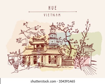 Hue, Vietnam, Southeast Asia. Thien Mu pagoda. Historic temple. Religious building. Former imperial capital's unofficial symbol. Artistic freehand drawing. Postcard template. Vector illustration