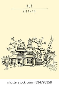 Hue, Vietnam, Southeast Asia. Thien Mu pagoda. Historic temple. Religious building. Former imperial capital's unofficial symbol. Artistic freehand drawing. Postcard template. Vector illustration