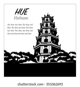 Hue, Vietnam, Southeast Asia. Thien-Mu pagoda. Historic temple. Religious building. Former imperial capital's unofficial symbol. Vector freehand drawing. Horizontal postcard template, retro style