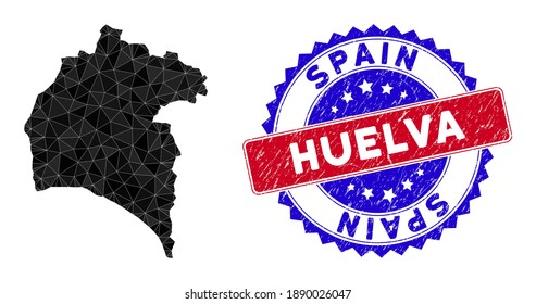 Huelva Province map polygonal mesh with filled triangles, and grunge bicolor stamp seal. Triangle mosaic Huelva Province map with mesh vector model, triangles have randomized sizes, and positions,