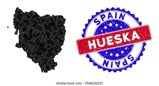 Hueska Province map polygonal mesh with filled triangles, and textured bicolor stamp seal. Triangle mosaic Hueska Province map with mesh vector model, triangles have variable sizes, and positions,