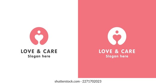 Hug baby logo love mother affection logo design illustration. Silhouette of woman mom mama hugging baby in circle shape. Simple flat design style.