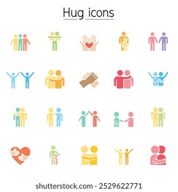 Hug, care, support and friendship icon set in flat color  style