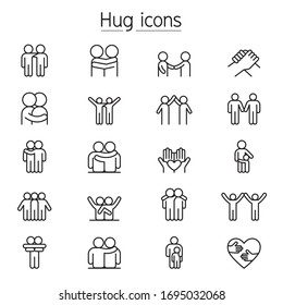 Hug, care, support & friendship icons set in thin line style