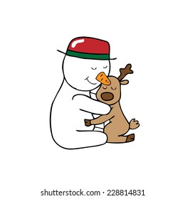Hug Christmas reindeer and snowman cartoon vector