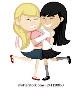 Hug collection - Lovely girlfriends are embracing and smiling (a blonde and a black haired girl).