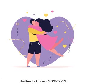 Hug day flat background composition with heart shape and star signs with lovers embracing each other vector illustration
