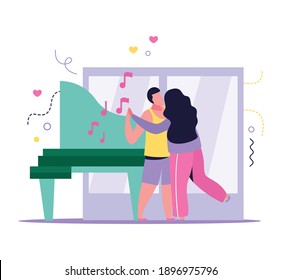 Hug day flat background with indoor composition images of grand piano sounds and dancing lovers couple vector illustration