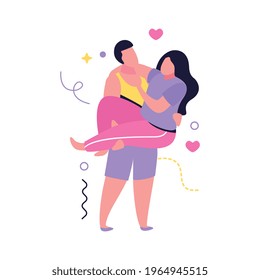 Hug day flat composition with human characters of loving couple with woman in mans arms vector illustration