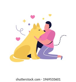 Hug day flat composition with human character of dog owner embracing his pet vector illustration