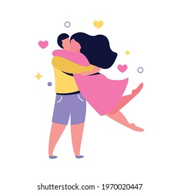 Hug day flat composition with human characters of loving couple with girl hanging round boys neck vector illustration