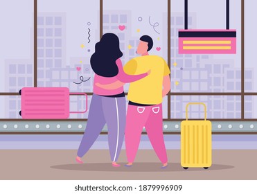 Hug day flat composition with indoor view of lovers encounter with cityscape suitcases and heart icons vector illustration