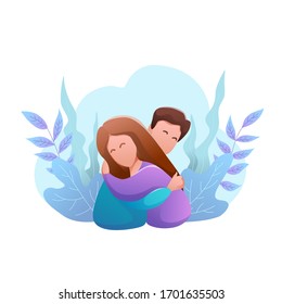 Hug day flat design isolated banner. Happy young man and woman hug each other. Tender relationships against the background of plants. Holiday greetings. Romantic modern vector illustration.