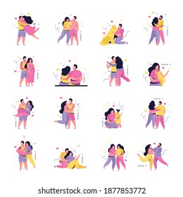 Hug day flat icons collection with isolated characters of lovers with abstract shapes and love signs vector illustration