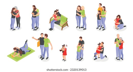 Enormes iconos isométricos de día establecidos con amigos amantes familiares abrazándose entre sí ilustración vectorial aislada