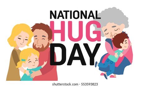 Hug day poster with happy family. Vector illustration