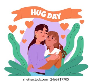 Hug day poster. Two women embracing. Good feelings and emotions concept. Greeting and invitation postcard. International holiday and festival. Flat vector illustration isolated on white background