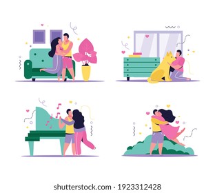 Hug day set of four isolated compositions with flat images characters of lovers in various environments vector illustration
