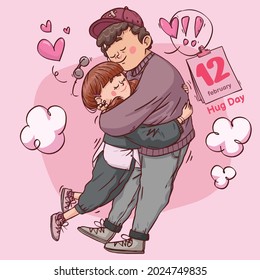 Hug day super cute love cheerful romantic valentine couple dating gift for card or banner with doodle hand drawn full colour illustration