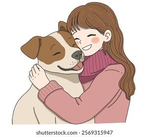 Hug Day vector illustration on white background.Illustration of Girl Embracing a Happy Dog