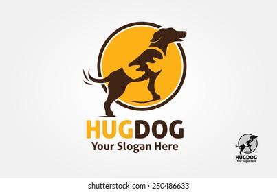 Hug Dog Vector Logo Illustration. Dog silhouette with spot on the body, but the spot could be as a human hand who hold the dog. it's good for Pet logo, veterinary, or dog lover logo.