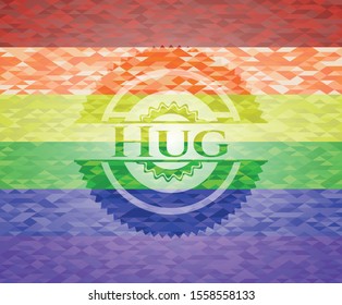 Hug emblem on mosaic background with the colors of the LGBT flag