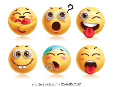 Conjunto de Vectores de personajes emoji de abrazo. Carácter del arte del Clip del emojis 3d del cuidado con preguntar, confundido, guiñando un ojo, tonto, tosiendo y expresión facial traviesa. Ilustración vectorial abrazo emoticono colección. 
