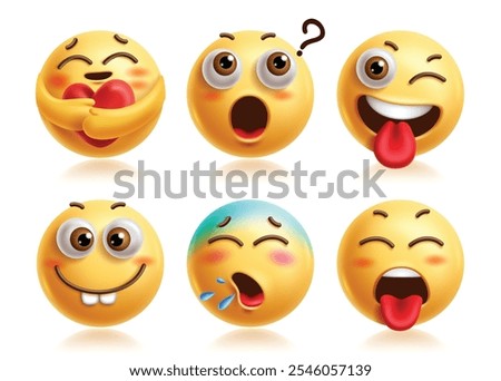 Hug emoji characters vector set. Care emojis 3d clip art character with asking, confused, winking, silly, coughing and naughty facial expression. Vector illustration hug emoticon collection. 
