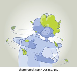 El abrazo es una fuerza de la naturaleza. Dos personas azules abrazando con hojas volando a su alrededor.