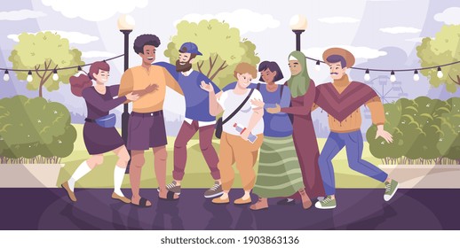 Hug friend composition different types of people love each other are friends and hug vector illustration