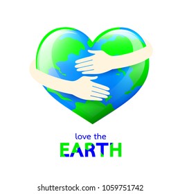 Hug the globe heart shape. Happy Earth day concept, World Environment Day icon design of poster, card and banner. Illustration isolated on white background.